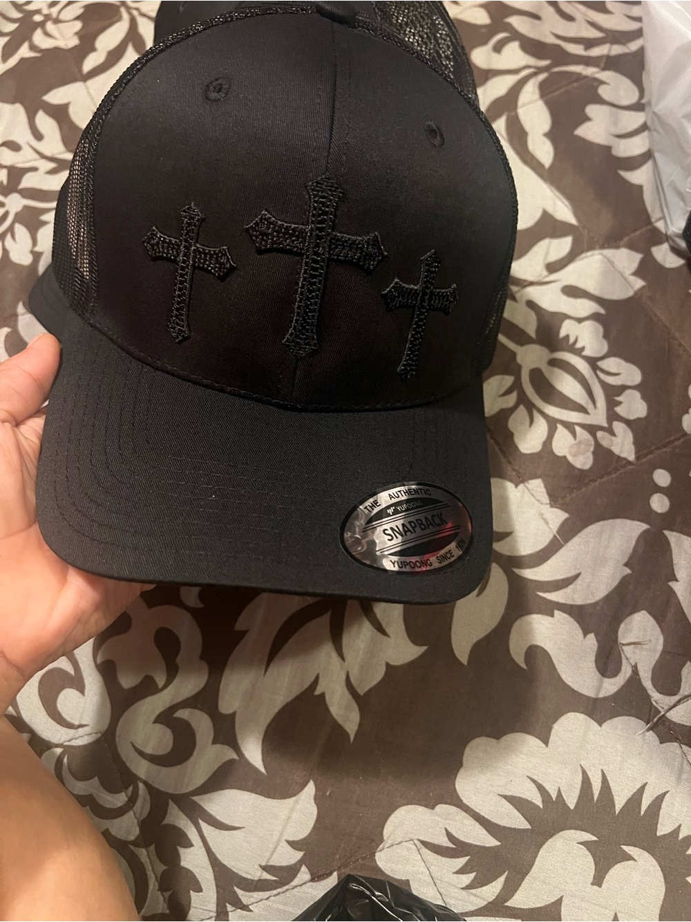 Black Snapback Trucker Cap with Triple Cross Embroidery